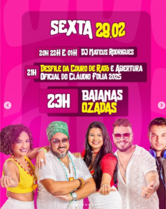 Programa&ccedil;&atilde;o do Carnaval em Cl&aacute;udio &ndash; Sexta-feira (28)