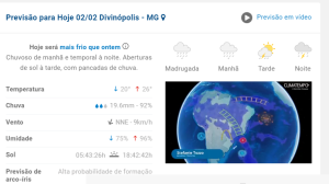 Previs&atilde;o do tempo em Divin&oacute;polis aponta para possibilidade de nova chuva forte a noite
