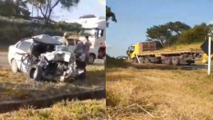 Carro fica destru&iacute;do e motorista gravemente ferido em acidente com caminh&atilde;o, na MG-050, em Divin&oacute;polis