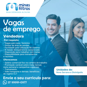 Minas Filtros oferece vagas para vendedoras em Divin&oacute;polis e Nova Serrana