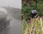Carreta bate em outra e cai em ribanceira de 200 metros na BR-262; vídeo mostra momento exato do acidente