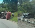 Carreta tomba e atinge carro na BR-494, entre Divinópolis e Nova Serrana