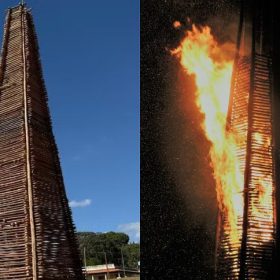 Fogueira de 18 metros &eacute; atra&ccedil;&atilde;o da festa de S&atilde;o Jo&atilde;o em Carmo do Cajuru