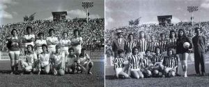 Times femininos do Araguari A.C. com os uniformes de Atl&eacute;tico e Am&eacute;rica, no antigo Est&aacute;dio Independ&ecirc;ncia, em Belo Horizonte, na tarde de 10 de maio de 1959. Foto: Superesportes/EM &mdash; Di&aacute;rios Associados.