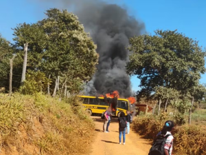 V&iacute;deo: &Ocirc;nibus escolar pega fogo em On&ccedil;a de Pitangui