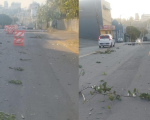 Poste caído interdita parte da rua Rio de Janeiro, em Divinópolis