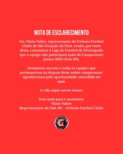 Gr&ecirc;mio de S&atilde;o Gon&ccedil;alo do Par&aacute; oficializa sa&iacute;da do Campeonato Juniores da LMDD 2025