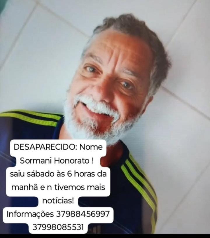 Sormani Honorato, 62 anos, está desaparecido desde sábado (19) em Divinópolis. Família busca informações sobre seu paradeiro.