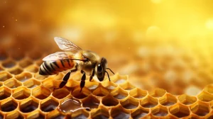 Abelha pousada sobre colmeia hexagonal com mel em fundo dourado, simbolizando a conserva&ccedil;&atilde;o natural do alimento