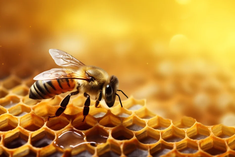 Abelha pousada sobre colmeia hexagonal com mel em fundo dourado, simbolizando a conservação natural do alimento