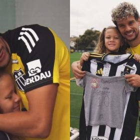 Criança de Divinópolis que desenhou camisa do Atlético se encontra com Scarpa na Cidade do Galo
