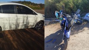 Mulher fica ferida em acidente entre carro e moto na MG-050, em Ita&uacute;na