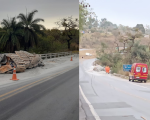 Formiga: Condutor perde controle de carreta carregada com cimento e parte da carga espalha na pista