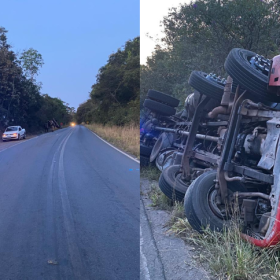 Carreta tomba na MG-164, em Itapecerica e deixa motorista ferido