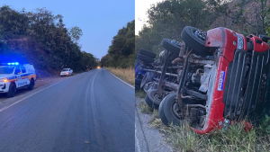 Carreta tomba na MG-164, em Itapecerica e deixa motorista ferido