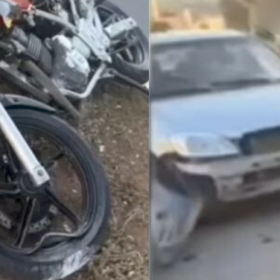 Colis&atilde;o entre carro e moto deixa feridos no Centro de Oliveira