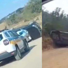 Carro capota em estrada rural de Ita&uacute;na