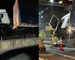 Carreta colide contra proteção do pedágio em Itaúna
