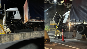 Carreta colide contra prote&ccedil;&atilde;o do ped&aacute;gio em Ita&uacute;na