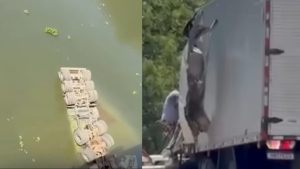 Carreta cai no Rio Par&aacute; ap&oacute;s colis&atilde;o com caminh&atilde;o na BR-352, entre Pitangui e Martinho Campos