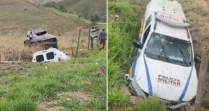 Viatura da PM que faria escolta das provas do Enem bate em carro e capota, em MG
