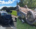 Carro capota após bater em caminhonete na MG-050, em Itaúna; mulher e criança ficam feridas