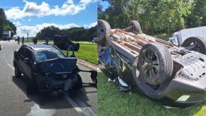 Carro capota ap&oacute;s bater em caminhonete na MG-050, em Ita&uacute;na; mulher e crian&ccedil;a ficam feridas