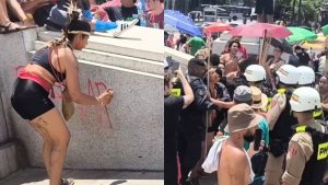 Mulher &eacute; detida por pichar est&aacute;tua durante protesto na Pra&ccedil;a da Esta&ccedil;&atilde;o, em BH