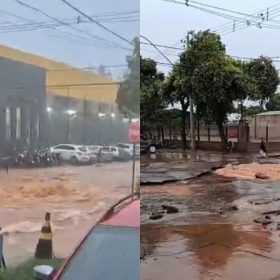 Chuva forte causa alagamentos e abre cratera em rua de Pompéu