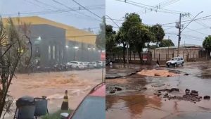 Chuva forte causa alagamentos e abre cratera em rua de Pomp&eacute;u