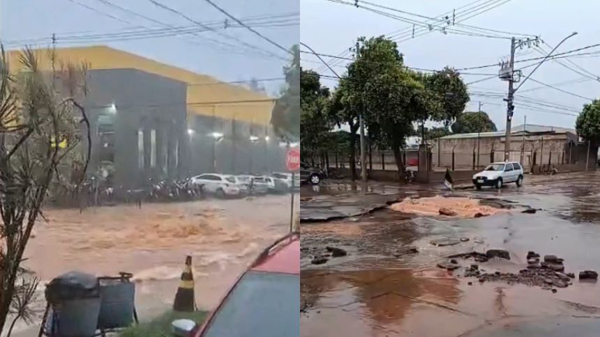 Chuva forte causa alagamentos e abre cratera em rua de Pompéu