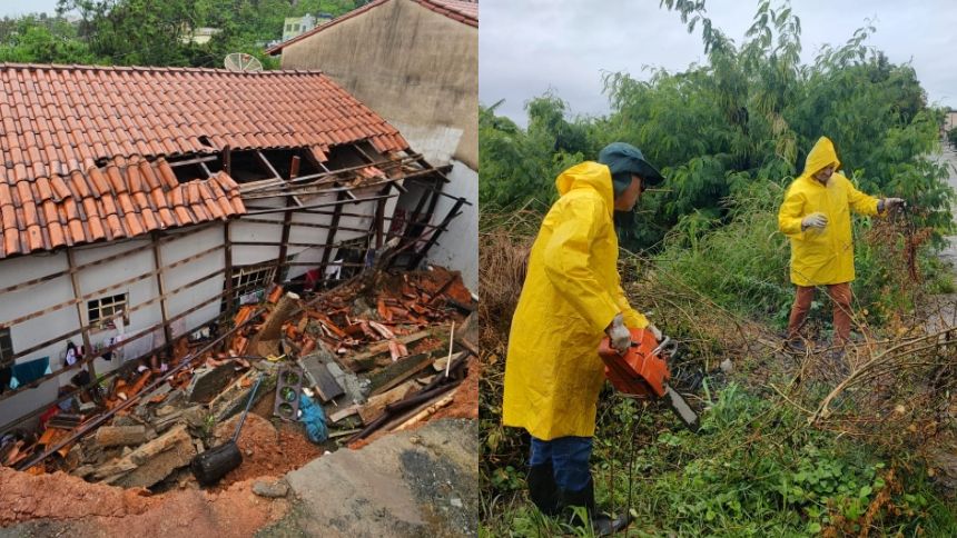Chuva forte provoca desmoronamento de encosta e queda de árvores em Divinópolis