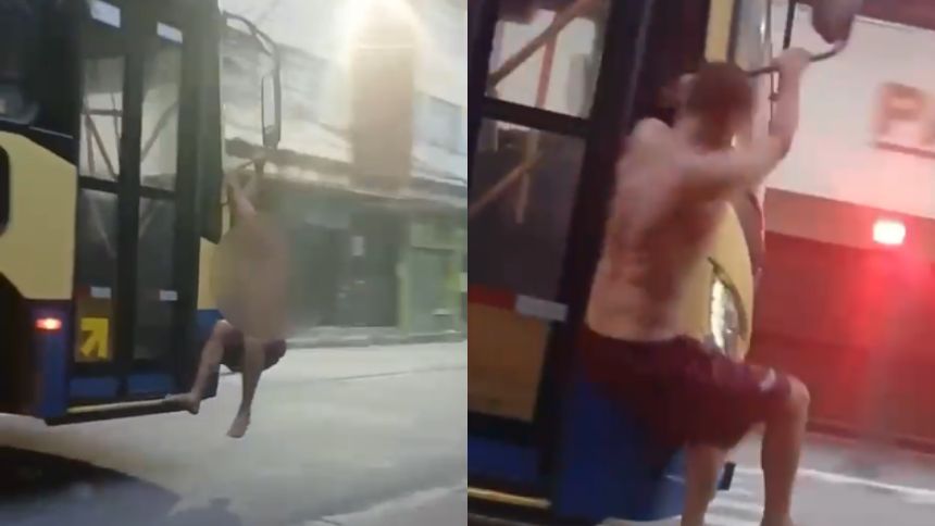 Homem em surto se pendura em ônibus no Niterói, em Divinópolis