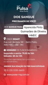 Campanha mobiliza doadores de sangue para Aparecida Pinto Guimarães de Oliveira