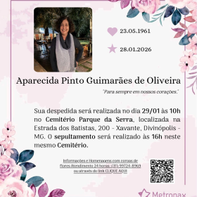 Obituário: Morre Aparecida Pinto Guimarães de Oliveira