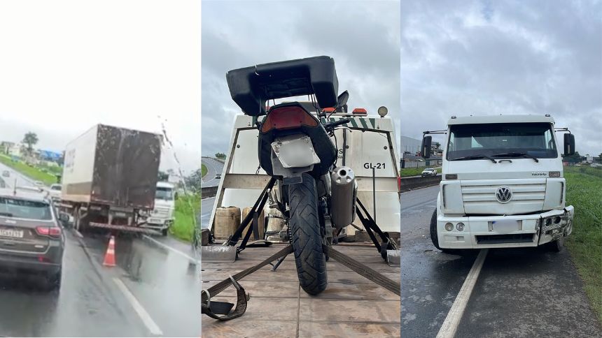 Acidente entre dois caminhões e uma moto deixa homem ferido na MG-050, em Divinópolis