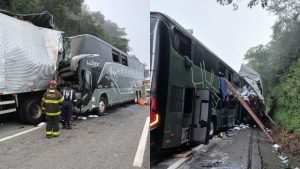 Batida entre &ocirc;nibus e caminh&atilde;o deixa mulher morta e 8 feridos na BR-381, em Carm&oacute;polis de Minas