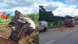 Carreta com cimento tomba e motorista morre na MG-050, em Formiga