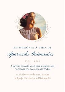 Missa de 7&ordm; dia em mem&oacute;ria de Aparecida Guimar&atilde;es ser&aacute; realizada nesta ter&ccedil;a-feira, em Divin&oacute;polis
