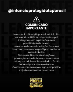 ‘Todos Contra Pedofilia’ esclarece exclusão de perfil no Instagram e cobra explicações da plataforma