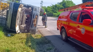 Carreta com carga de frangos tomba na BR-494 e mobiliza Bombeiros pr&oacute;ximo a Carmo da Mata