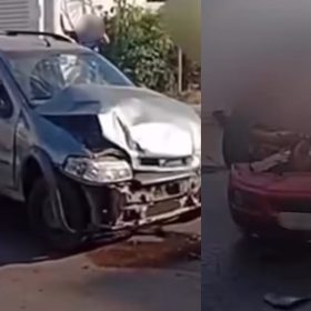Carro capota após batida em cruzamento de Itaúna