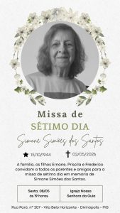 Família convida para missa de 7º dia de Simone Simões dos Santos