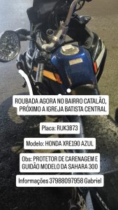 Moto Honda XRE190 é furtada no bairro Catalão em Divinópolis