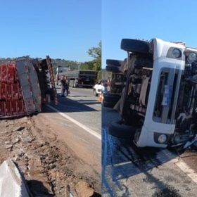 Caminhão com galinhas tomba e motorista morre na BR-262