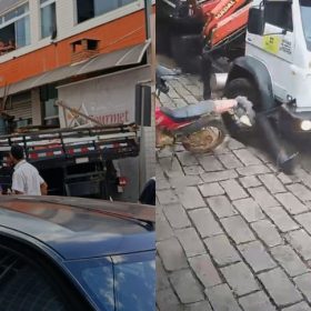 Caminhão perde freio, bate em carro e atinge fachada de loja em Itapecerica