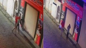 Homem tenta chutar porta de loja e leva tombo em Formiga