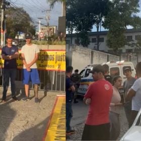 Manifestantes aguardam apresentação de suspeito de atropelamento na BR-494 na Delegacia de Divinópolis