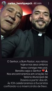 Padre Carlos Henrique comunica morte do pai e convida fiéis para despedida em Itaúna