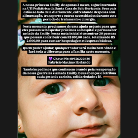 Bebê transferida de Divinópolis está internada em BH e família pede ajuda para custear tratamento